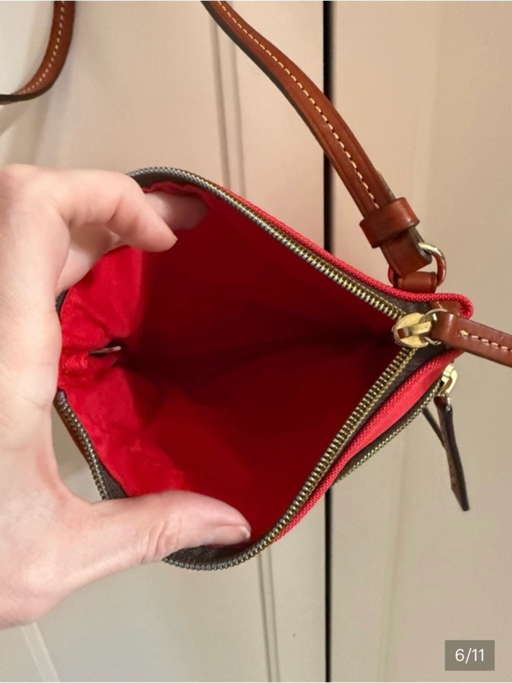 Dooney & Bourke Red Crossbody with Triple Zip Front and Tan Strap - Picture 5 of 6